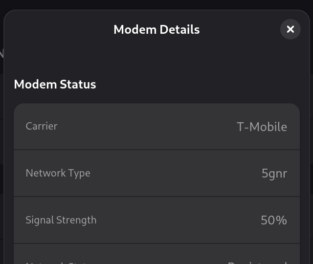 The modem details view after the fix, showing T-Mobile, 5gnr, and accurate signal strength.